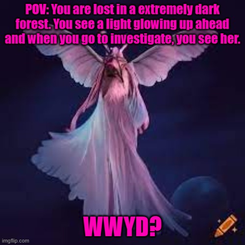 No Joke OCs or ERPs. You can't kill her (She's an Ancient Goddess). Romance is allowed to a certain point. | POV: You are lost in a extremely dark forest. You see a light glowing up ahead and when you go to investigate, you see her. WWYD? | made w/ Imgflip meme maker