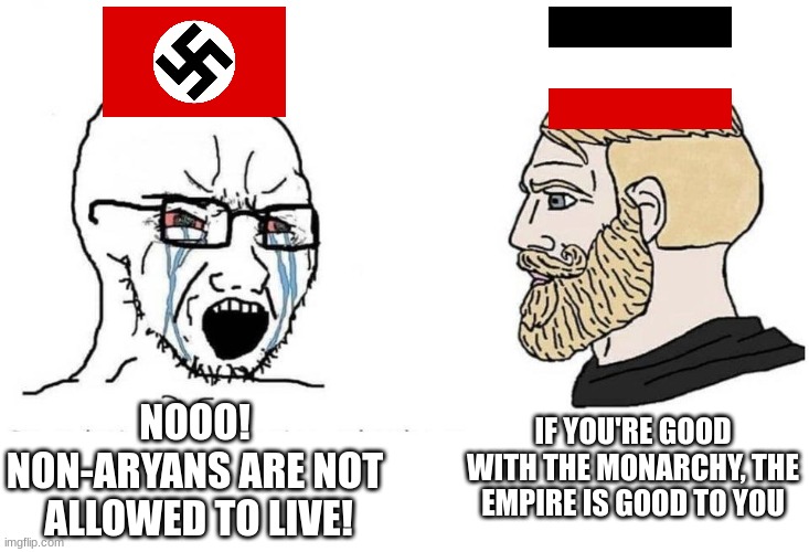 Monarchy over fascism | NOOO!
NON-ARYANS ARE NOT
 ALLOWED TO LIVE! IF YOU'RE GOOD WITH THE MONARCHY, THE EMPIRE IS GOOD TO YOU | image tagged in chad vs virgin,nazi,german empire | made w/ Imgflip meme maker