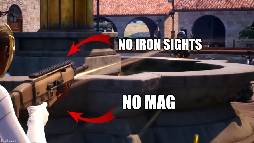 What is happening?! | NO IRON SIGHTS; NO MAG | image tagged in fortnite,rifle,gun | made w/ Imgflip meme maker