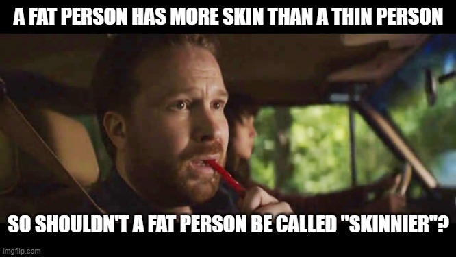 Am I Too Old To Start Skateboarding | A FAT PERSON HAS MORE SKIN THAN A THIN PERSON; SO SHOULDN'T A FAT PERSON BE CALLED "SKINNIER"? | image tagged in am i too old to start skateboarding | made w/ Imgflip meme maker