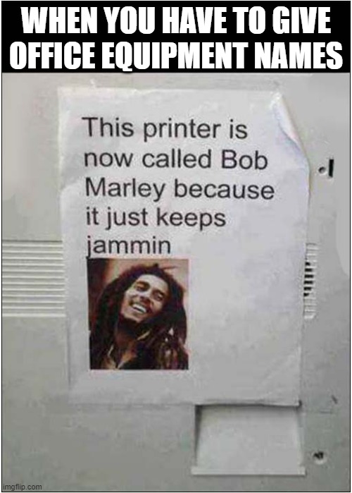 A Bad Bob Marley Pun ! | WHEN YOU HAVE TO GIVE OFFICE EQUIPMENT NAMES | image tagged in bad pun,bob marley,printer,jammin | made w/ Imgflip meme maker