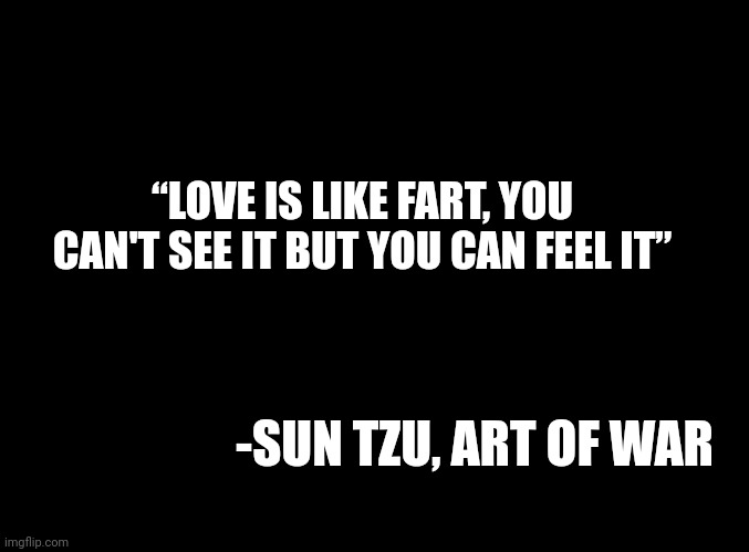 Wise words | “LOVE IS LIKE FART, YOU CAN'T SEE IT BUT YOU CAN FEEL IT”; -SUN TZU, ART OF WAR | image tagged in blank black,quotes,motivation | made w/ Imgflip meme maker