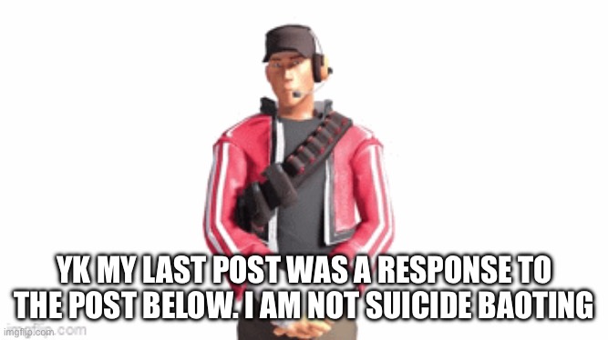 Baiting | YK MY LAST POST WAS A RESPONSE TO THE POST BELOW. I AM NOT SUICIDE BAOTING | image tagged in scout drip | made w/ Imgflip meme maker