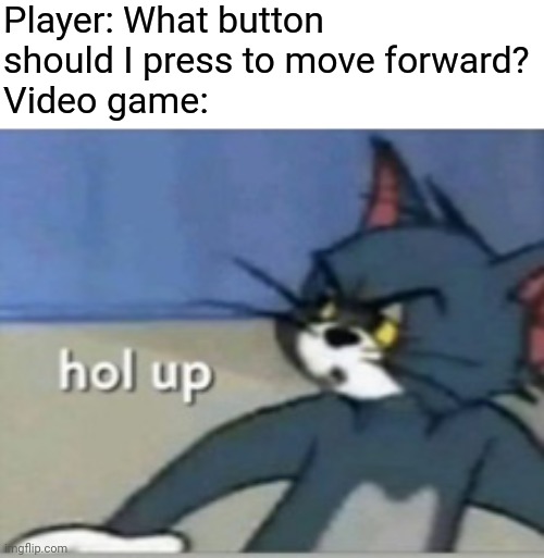Hol up | Player: What button should I press to move forward?
Video game: | image tagged in hol up,video games,gaming,memes | made w/ Imgflip meme maker