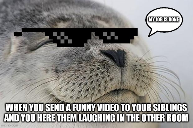 Satisfied Seal | MY JOB IS DONE; WHEN YOU SEND A FUNNY VIDEO TO YOUR SIBLINGS AND YOU HERE THEM LAUGHING IN THE OTHER ROOM | image tagged in memes,satisfied seal | made w/ Imgflip meme maker