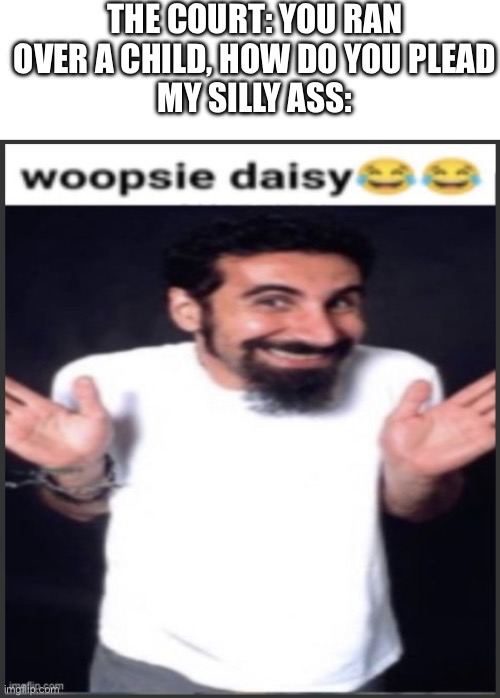 woopsie daisy | THE COURT: YOU RAN OVER A CHILD, HOW DO YOU PLEAD
MY SILLY ASS: | image tagged in woopsie daisy | made w/ Imgflip meme maker