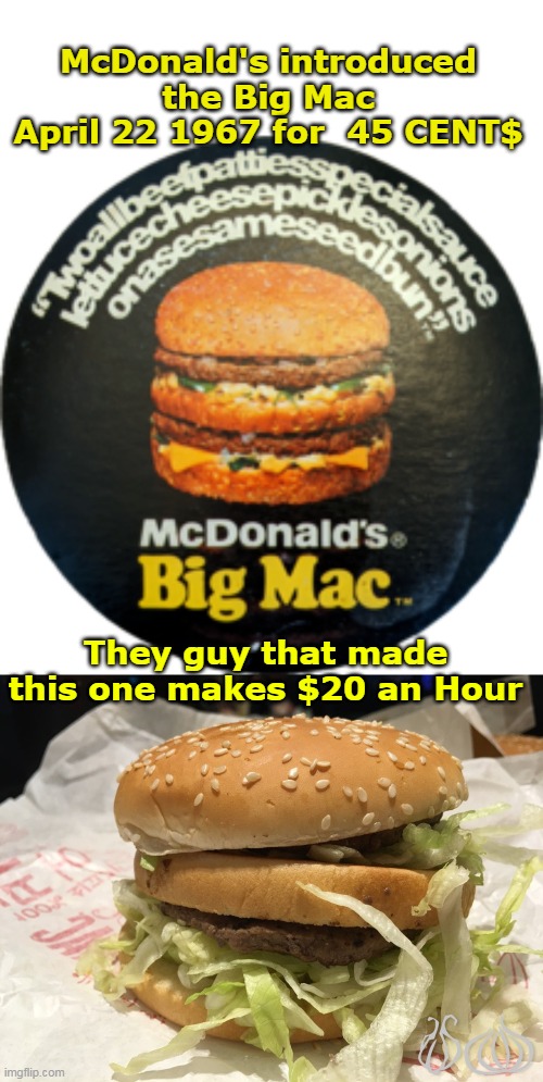 More $ is always the answer | McDonald's introduced the Big Mac April 22 1967 for  45 CENT$; They guy that made this one makes $20 an Hour | image tagged in big mac meme | made w/ Imgflip meme maker