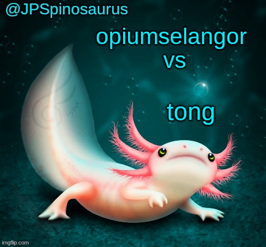JPSpinosaurus's axolotl announcement temp | opiumselangor
 vs; tong | image tagged in jpspinosaurus's axolotl announcement temp | made w/ Imgflip meme maker
