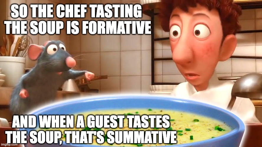 Formative and Summative Assessments | SO THE CHEF TASTING 
THE SOUP IS FORMATIVE; AND WHEN A GUEST TASTES THE SOUP, THAT'S SUMMATIVE | image tagged in ratatouille,teaching,summative,formative,assessments,school | made w/ Imgflip meme maker