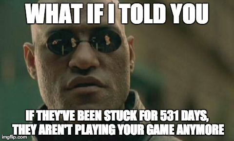 Matrix Morpheus | WHAT IF I TOLD YOU IF THEY'VE BEEN STUCK FOR 531 DAYS, THEY AREN'T PLAYING YOUR GAME ANYMORE | image tagged in memes,matrix morpheus,AdviceAnimals | made w/ Imgflip meme maker