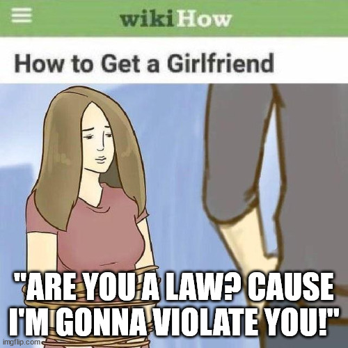 I used this line before fr | "ARE YOU A LAW? CAUSE I'M GONNA VIOLATE YOU!" | image tagged in how to get a girlfriend | made w/ Imgflip meme maker