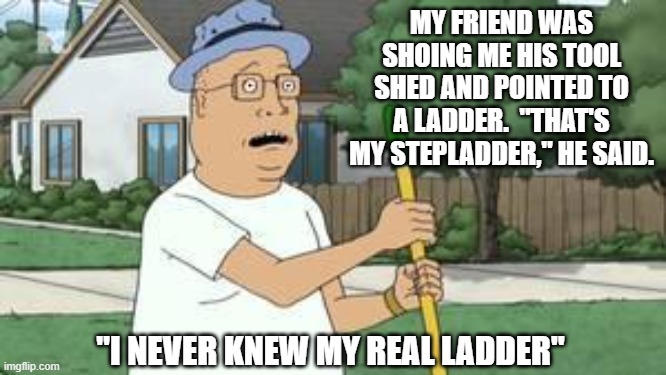 Daily Bad Dad Joke April 15, 2024 | MY FRIEND WAS SHOING ME HIS TOOL SHED AND POINTED TO A LADDER.  "THAT'S MY STEPLADDER," HE SAID. "I NEVER KNEW MY REAL LADDER" | image tagged in tool shed beavis butthead | made w/ Imgflip meme maker