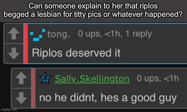 Can someone explain to her that riplos begged a lesbian for titty pics or whatever happened? | made w/ Imgflip meme maker