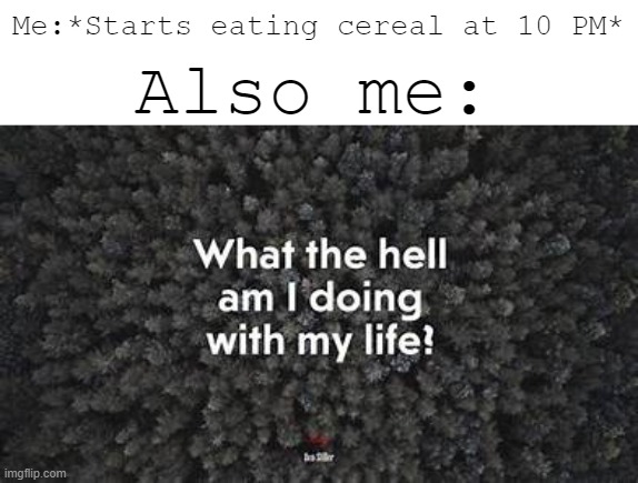 Me:*Starts eating cereal at 10 PM*; Also me: | image tagged in memes | made w/ Imgflip meme maker