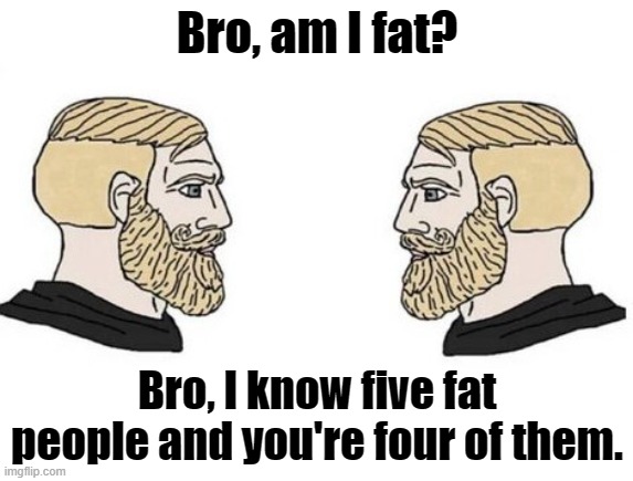 I know five fat people and you're four of them | Bro, am I fat? Bro, I know five fat people and you're four of them. | image tagged in chad vs chad | made w/ Imgflip meme maker