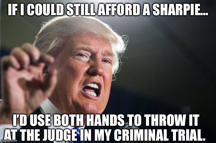 donald trump | IF I COULD STILL AFFORD A SHARPIE…; I’D USE BOTH HANDS TO THROW IT AT THE JUDGE IN MY CRIMINAL TRIAL. | image tagged in donald trump | made w/ Imgflip meme maker