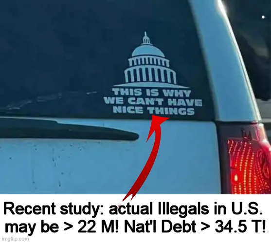 Why We Can't Have Nice Things | Recent study: actual Illegals in U.S. 
may be > 22 M! Nat'l Debt > 34.5 T! | image tagged in politics,taxes,income taxes,national debt,illegal aliens,facts | made w/ Imgflip meme maker