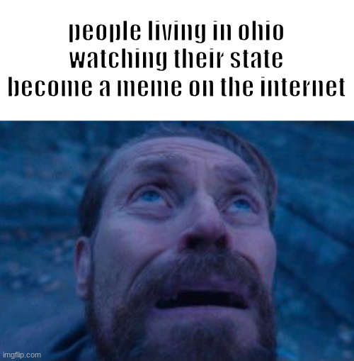 Willem Dafoe looking up | people living in ohio watching their state become a meme on the internet | image tagged in willem dafoe looking up | made w/ Imgflip meme maker