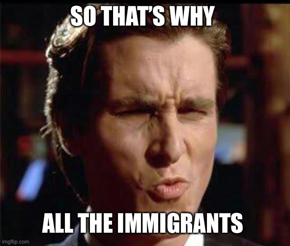 Christian Bale Ooh | SO THAT’S WHY ALL THE IMMIGRANTS | image tagged in christian bale ooh | made w/ Imgflip meme maker