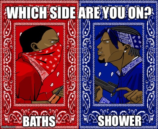 Hot bath vs cold showers | SHOWER; BATHS | image tagged in which side are you on | made w/ Imgflip meme maker