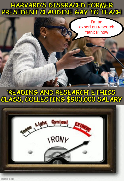 Distinguished plagiarist teaching research "ethics" at Harvard | HARVARD’S DISGRACED FORMER PRESIDENT CLAUDINE GAY TO TEACH; I'm an expert on research "ethics" now; ‘READING AND RESEARCH’ ETHICS CLASS, COLLECTING $900,000 SALARY | image tagged in irony meter,plagiarist,teaching,research ethics | made w/ Imgflip meme maker