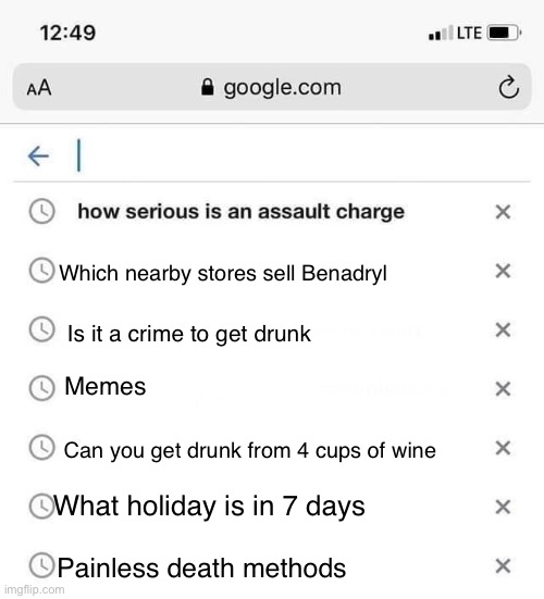 This is pretty close though | Which nearby stores sell Benadryl; Is it a crime to get drunk; Memes; Can you get drunk from 4 cups of wine; What holiday is in 7 days; Painless death methods | image tagged in google search history | made w/ Imgflip meme maker