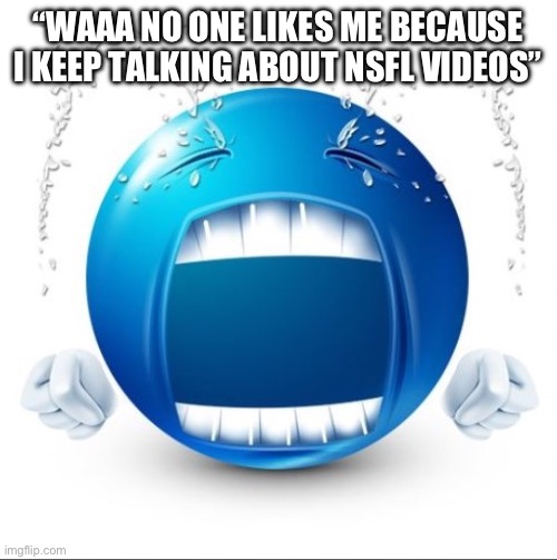 Guess the user, rhymes with spicy | “WAAA NO ONE LIKES ME BECAUSE I KEEP TALKING ABOUT NSFL VIDEOS” | image tagged in crying blue guy | made w/ Imgflip meme maker