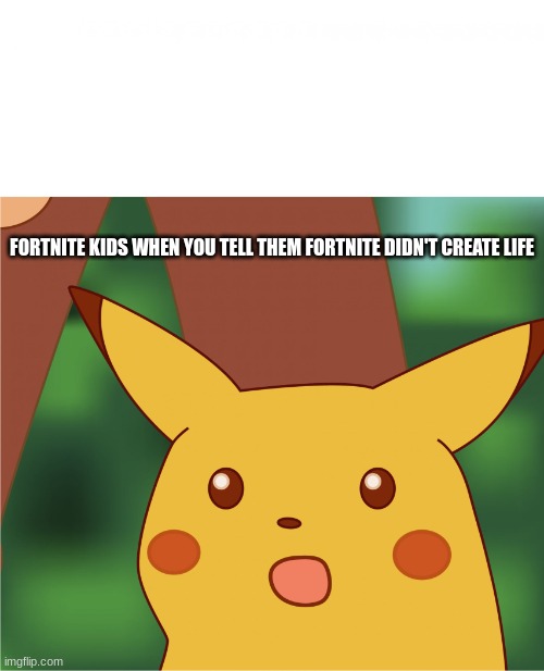 Surprised Pikachu (High Quality) | FORTNITE KIDS WHEN YOU TELL THEM FORTNITE DIDN'T CREATE LIFE | image tagged in surprised pikachu high quality | made w/ Imgflip meme maker