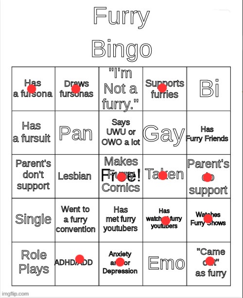 I don't have any furry friends :| | image tagged in furry bingo | made w/ Imgflip meme maker