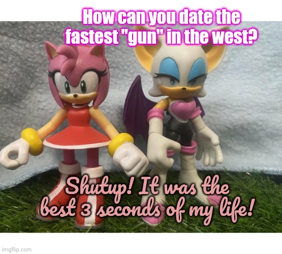 Sonic x amy lore | How can you date the fastest "gun" in the west? Shutup! It was the best 3 seconds of my life! | image tagged in sonic the hedgehog,amy rose,lore,stop it get some help | made w/ Imgflip meme maker