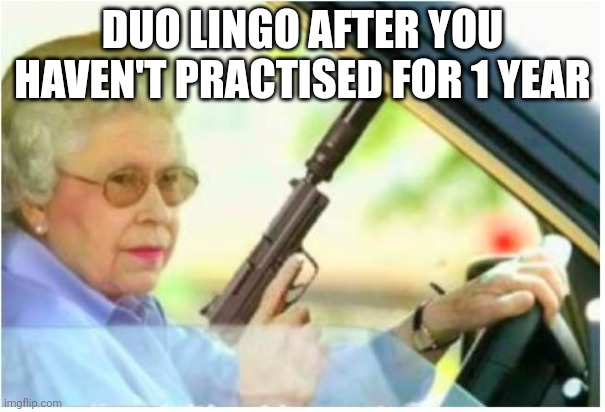 Duolingo : How could you say I'm dead in Spanish?? | DUO LINGO AFTER YOU HAVEN'T PRACTISED FOR 1 YEAR | image tagged in grandma gun weeb killer | made w/ Imgflip meme maker