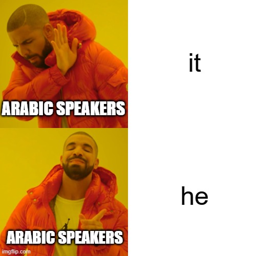 Drake Hotline Bling Meme | it; ARABIC SPEAKERS; he; ARABIC SPEAKERS | image tagged in memes,drake hotline bling | made w/ Imgflip meme maker