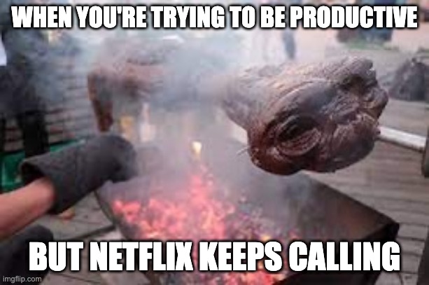 et roasting on a spit | WHEN YOU'RE TRYING TO BE PRODUCTIVE; BUT NETFLIX KEEPS CALLING | image tagged in et roasting on a spit | made w/ Imgflip meme maker