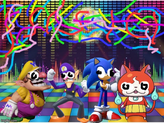 Wario and Friends dies by overdrinking fruit punch with LSD while having a party at a dance club | image tagged in wario dies,wario,waluigi,yokai watch,sonic the hedgehog,crossover | made w/ Imgflip meme maker