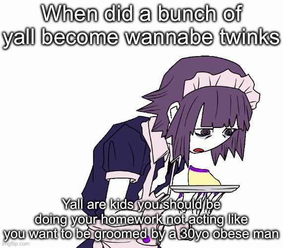 Yakui the maid | When did a bunch of yall become wannabe twinks; Yall are kids you should be doing your homework not acting like you want to be groomed by a 30yo obese man | image tagged in yakui the maid | made w/ Imgflip meme maker
