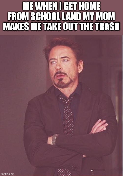 I'm sorry what | ME WHEN I GET HOME FROM SCHOOL LAND MY MOM MAKES ME TAKE OUT THE TRASH | image tagged in memes,face you make robert downey jr,funny memes,bruh | made w/ Imgflip meme maker