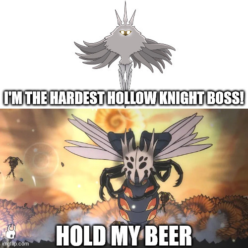 I'M THE HARDEST HOLLOW KNIGHT BOSS! HOLD MY BEER | image tagged in hollow knight | made w/ Imgflip meme maker