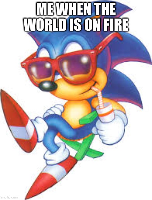sonic is chillin | ME WHEN THE WORLD IS ON FIRE | image tagged in sonic the hedgehog,sonic,sonic meme,the world is buring,million will suffer | made w/ Imgflip meme maker