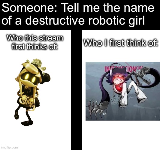 If you know who is at the right, you are a real Liam Vickers fan | Someone: Tell me the name of a destructive robotic girl; Who this stream first thinks of:; Who I first think of: | image tagged in murder drones,internecion cube,cyn,ic-0n | made w/ Imgflip meme maker