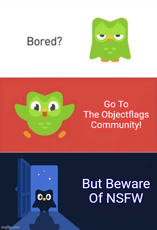 I Love Object Flags (._.) | Go To The Objectflags Community! But Beware Of NSFW | image tagged in duolingo bored 3-panel | made w/ Imgflip meme maker
