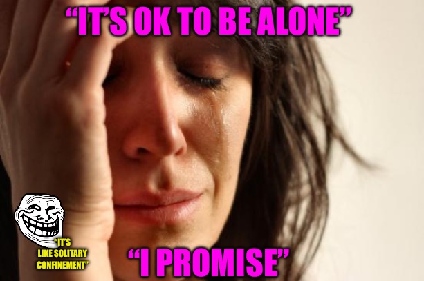Only the Lonely | “IT’S OK TO BE ALONE”; “I PROMISE”; “IT’S LIKE SOLITARY CONFINEMENT” | image tagged in first world problems,bad memes,lonely,i promise,promises,progressives | made w/ Imgflip meme maker