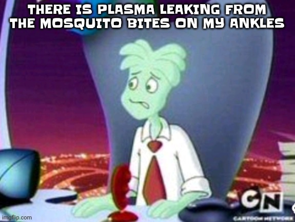 Aaa | THERE IS PLASMA LEAKING FROM THE MOSQUITO BITES ON MY ANKLES | image tagged in cartoon network real | made w/ Imgflip meme maker