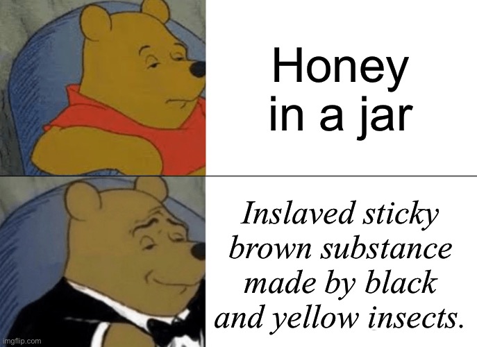 Wow | Honey in a jar; Inslaved sticky brown substance made by black and yellow insects. | image tagged in memes,tuxedo winnie the pooh | made w/ Imgflip meme maker