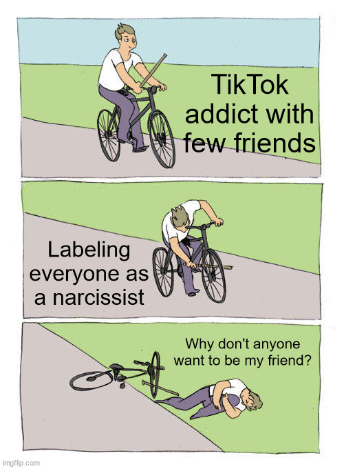 Amateur psychologist | TikTok addict with few friends; Labeling everyone as a narcissist; Why don't anyone want to be my friend? | image tagged in memes,bike fall | made w/ Imgflip meme maker