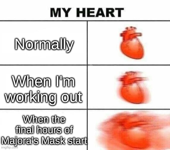 My heart blank | Normally; When I'm working out; When the final hours of Majora's Mask start | image tagged in my heart blank | made w/ Imgflip meme maker