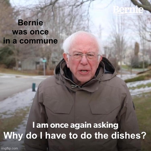 Bernie I Am Once Again Asking For Your Support Meme | Bernie was once in a commune Why do I have to do the dishes? | image tagged in memes,bernie i am once again asking for your support | made w/ Imgflip meme maker