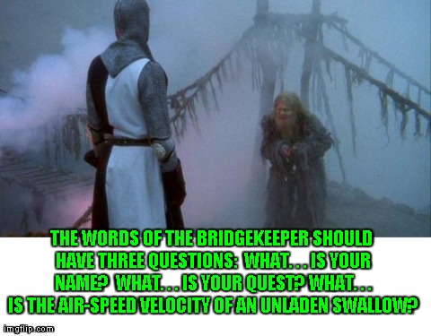 THE WORDS OF THE BRIDGEKEEPER SHOULD HAVE THREE QUESTIONS:
 WHAT. . . IS YOUR NAME?  WHAT. . . IS YOUR QUEST? WHAT. . . IS THE AIR-SPEED VEL | made w/ Imgflip meme maker