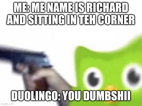 Duo is goat | ME: ME NAME IS RICHARD AND SITTING IN TEH CORNER; DUOLINGO: YOU DUMBSHII | image tagged in duolingo gun,grammar | made w/ Imgflip meme maker