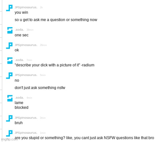 what a fucking idiot this guy is, I never answer NSFW questions and also, fuck you radium | made w/ Imgflip meme maker