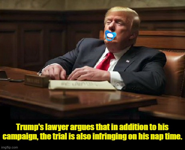 SLEEPY DON | Trump's lawyer argues that in addition to his campaign, the trial is also infringing on his nap time. | image tagged in donald trump,presidential election,donald trump the clown,trial | made w/ Imgflip meme maker